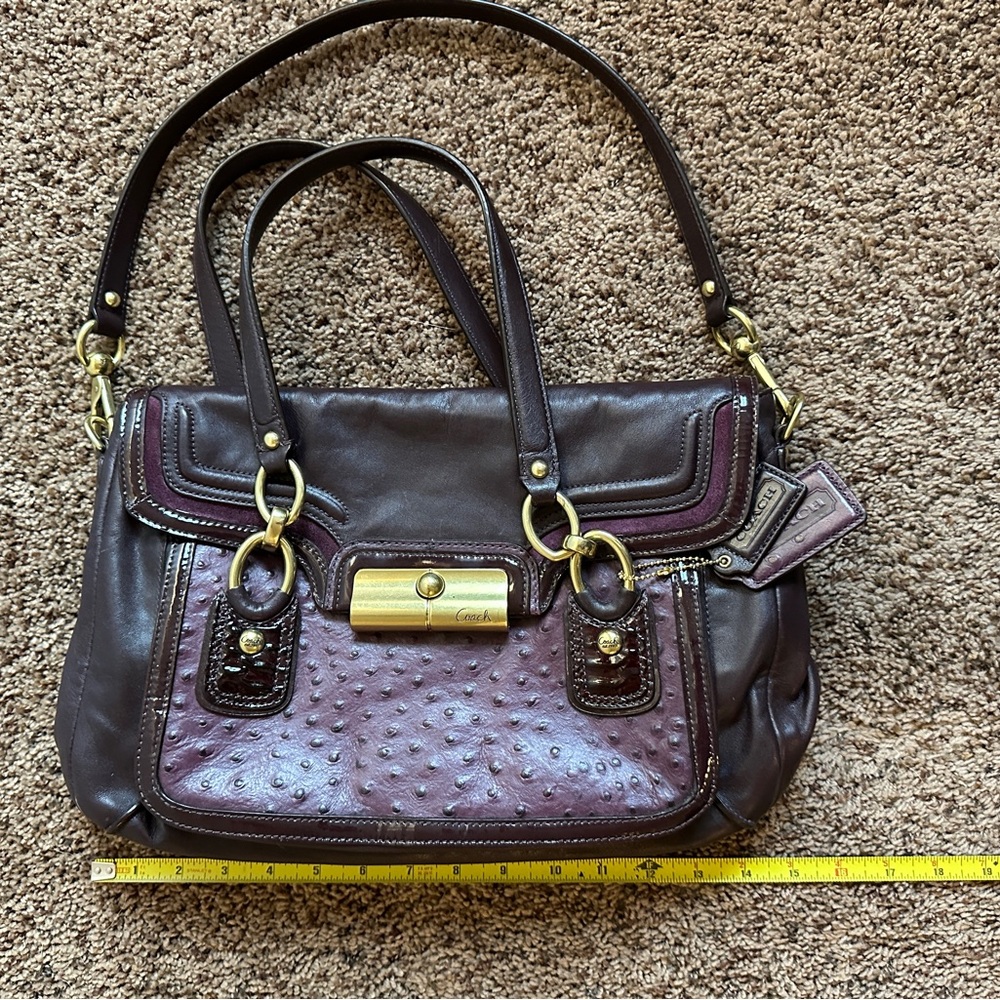 Coach Kristin Spectator ostrich embossed mixed leather satchel in Plum